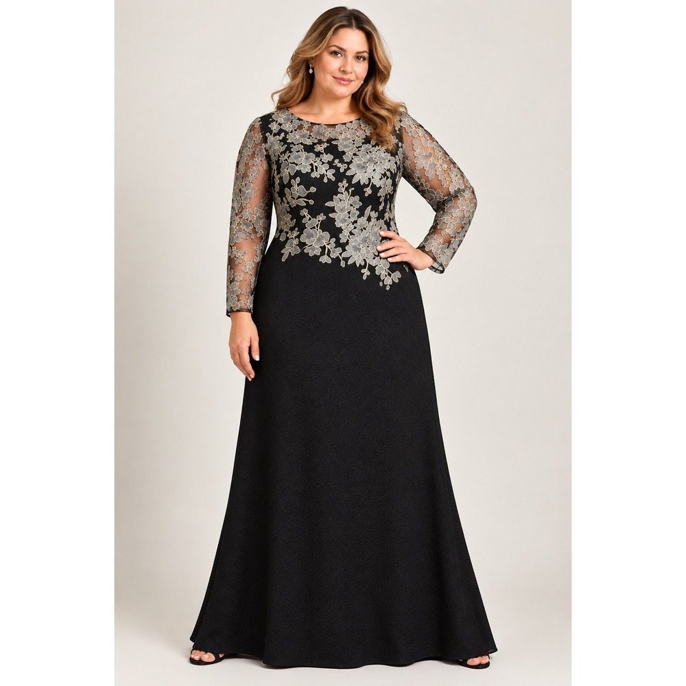 Tadashi Shoji Too 24Q Black Silver Gold Floral Embroidered Lace Maxi Gown
